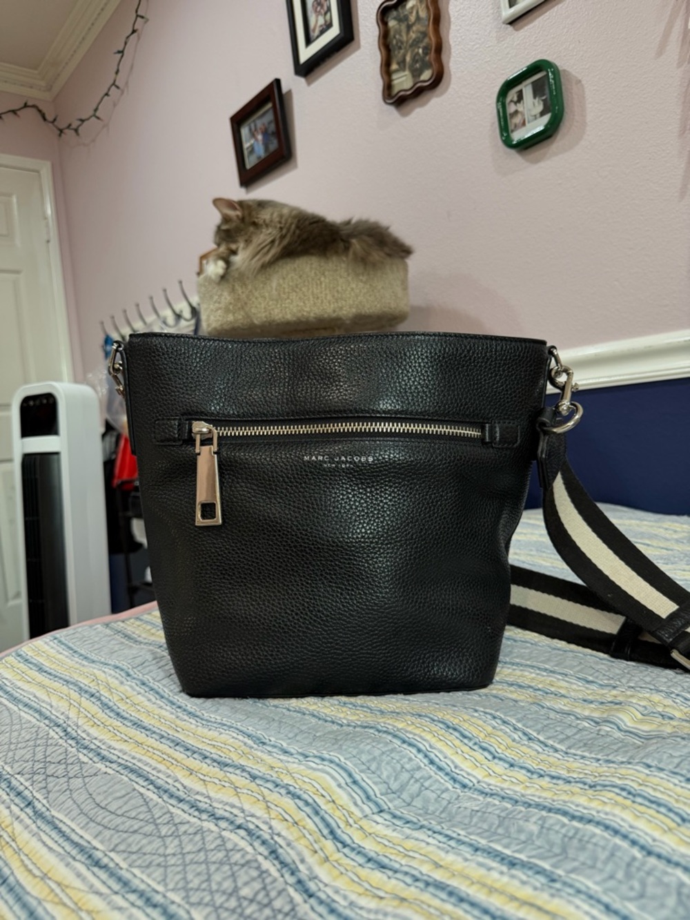 Marc Jacobs Black Pebbled Leather Tote with Striped Strap